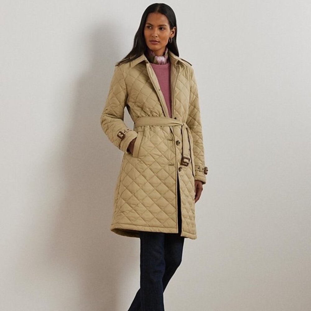 Size L NWT Lauren Ralph Lauren Women's Belted Velboa-Lined Quilted Trench Coat